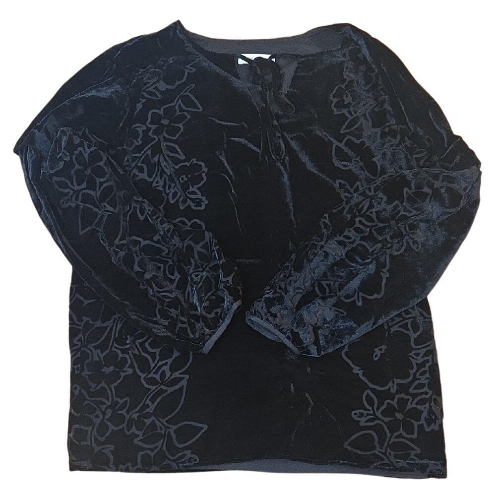 Calvin Klein Velour Floral‎ Goth Fairy Long Sleeve Black Top Mesh Burnout Large